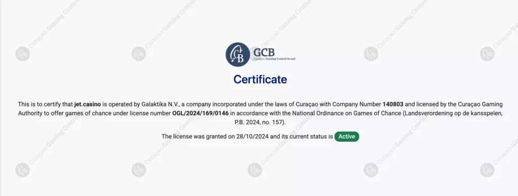 Официальная лицензия Jet Casino
