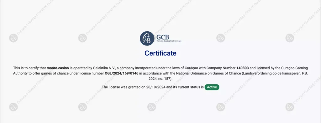 Лицензия онлайн казино Monro